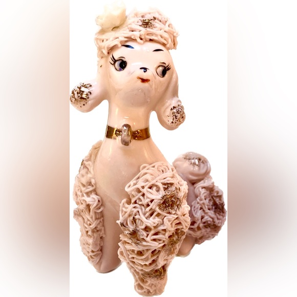Vintage Lefton pink spaghetti poodle set. Boy/Girl dog set. Gold accents - Picture 4 of 13